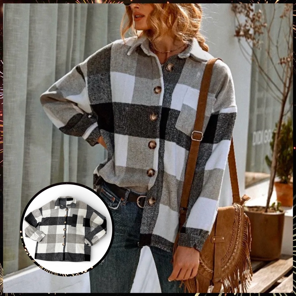 Chic Monochrome Plaid Shirt Jacket, Black/Gray/White, Small